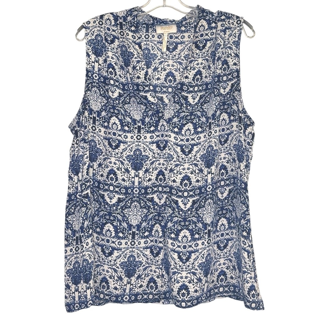 Laundry by Shelli Segal Blouse Women Blue Damask Sleeveless Boho Coastal Chic XL - Picture 1 of 7